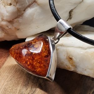 Amber Stone Sterling Silver 925 Natural AMBER Large Amber Pendant Leather
